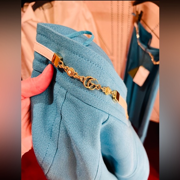 Gucci Turquoise Viscose Linen Pleated Midi Skirt with White Leather Gold GG Belt - Picture 9 of 11